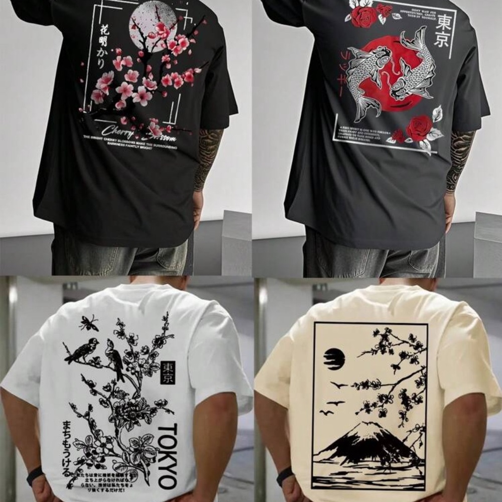 4pcs/Set Men's Casual Street Style Cultural Graphic Short Sleeve T-Shirts
